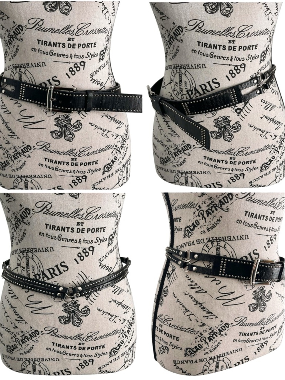Black Studded Double Wrap Belt Faux Leather Y2K Punk Goth Silver Hardware Small